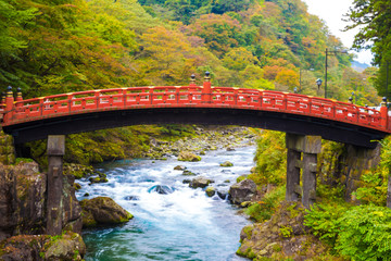 The red Shinkyo Sacred Bridge in autumn, the main way to the Fut