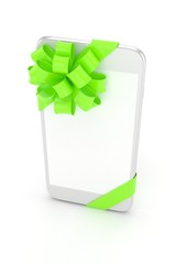 White phone with green bow and empty screen. 3D rendering.