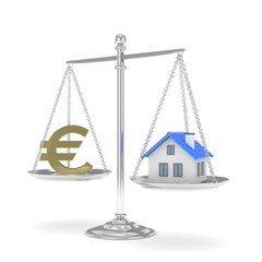 Isolated silver scales with golden euro and house on white background. Investment or savings concept. Real estate and currency. 3D rendering.