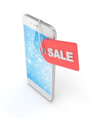 White smart phone with red sale label on white background. Best offer. Leader of sales. 3D rendering.