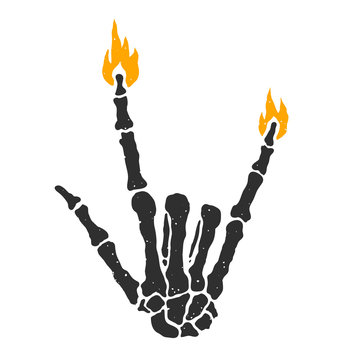 Dead skeleton hand burning rock sign isolated vector illustration