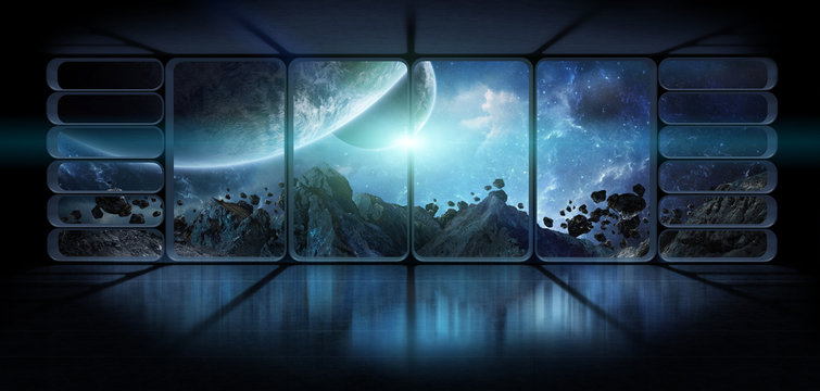 Fototapeta View planets from a huge spaceship window 3D rendering elements