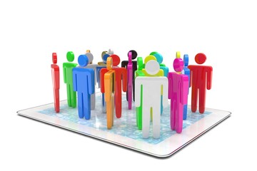 group of people figures on tablet PC. 3d rendering.