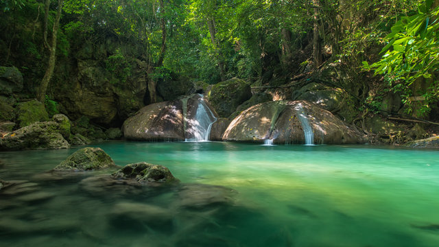 Green and clean waterfall for relaxations, Erawan waterfall © peangdao
