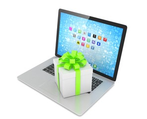 Gift box with ribbon bow on laptop keyboard. 3d rendering.