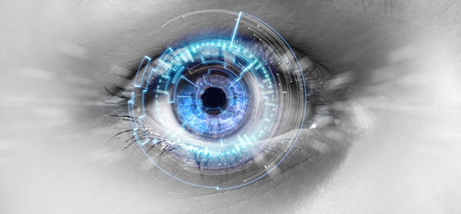 Eye of a woman with digital interface in front of it