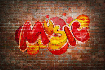 Colorful word MUSIC on brick wall background. Graffiti style