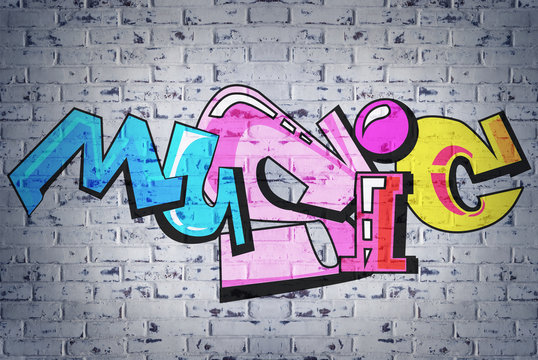 Fototapeta Colorful word MUSIC on brick wall background. Graffiti style