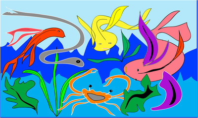 Sea Life - A colorful graphic drawing of ocean life 