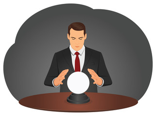Businessman is foretelling future with crystal ball. Fortune teller. Forecasting financial markets.