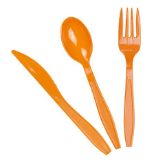 tableware, plastic spoon, fork and knife isolated on white background