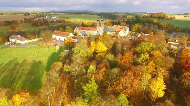 Tepla Abbey  is a Premonstratensian abbey in the western part of Bohemia.  It was founded in 1193. Camera flight over beautiful landmark near Karlovy Vary, Czech Republic, Central Europe.