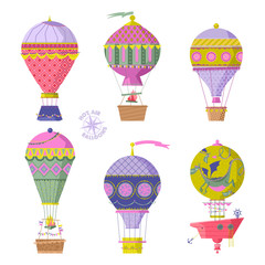 Set of various vintage hot air balloons.