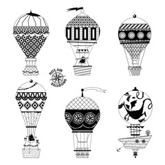Set of various vintage hot air balloons. Black and white.