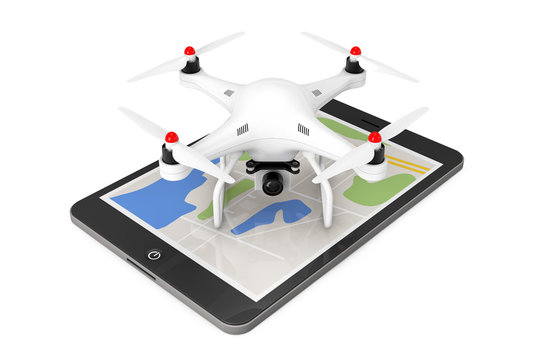 White Quadrocopter drone with Photo Camera over Tablet PC. 3d Re