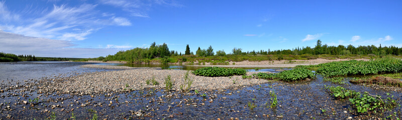Panoramic river landscape in the polar Urals.