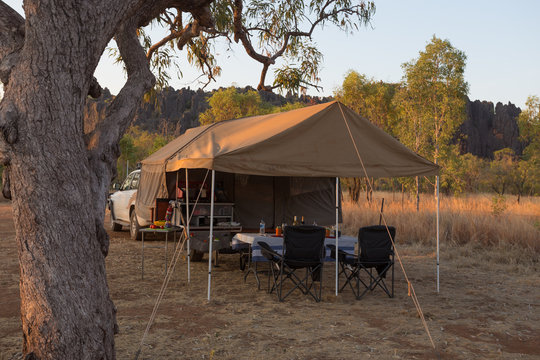 Off road camper trailer set up at Windjana Gorge in the Kimberley, Western Australia
