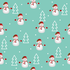 Christmas seamless pattern with snowman and Christmas tree . Can be used for printing onto fabric , paper. Geometric tree.Vector illustration