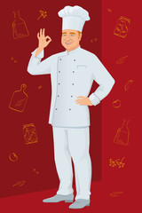 Smiling middle-aged chef shows gesture delicious, against the backdrop of culinary spices and herbs.