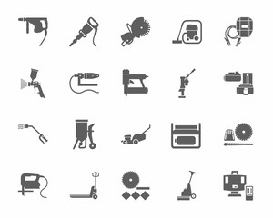 Construction tools and consumables, monochrome icons. Gray, vectors, equipment for construction and renovation on a white background. 