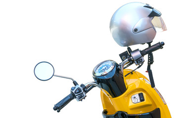 Closeup to handle,speedometer and rear view mirror of the motorcycle.