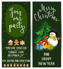Invitation on Christmas party with date and time. Cute snowman, wrapped gifts, gingerbread cookies, toys cartoon vectors. Merry Christmas and happy New Year greetings. Xmas holiday fun celebrating