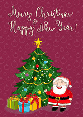 Naklejka premium Merry christmas and Happy New Year cartoon concept with lettering. Cute Santa, wrapped gifts, decorated christmas tree vector on red. Xmas celebrating. For greeting card, party invitations design