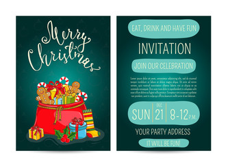 Invitation on Christmas party with date and time. Large Santasack with gifts, sweets, sock, holly, toys cartoon vectors. Merry Christmas and happy New Year greetings. Xmas holiday fun celebrating