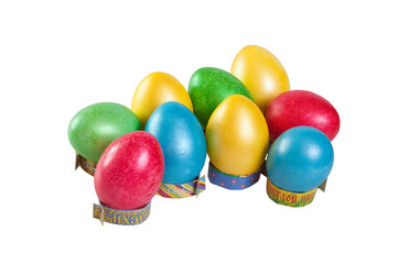 Easter background of hand-painted multicolored Easter eggs. Isolaited.