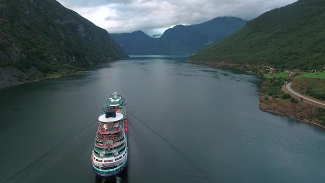 Cruise Ship, Cruise Liners On Sognefjord or Sognefjorden, Aerial footage Flam Norway