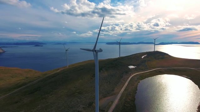 Windmills for electric power production. Arctic View Havoygavelen windmill park, Havoysund, Northern Norway Aerial footage.
