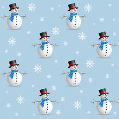 Christmas seamless pattern with snowman and snow flakes on blue background.