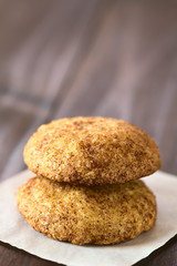 Traditionelle amerikanische Snickerdoodle Weihnachtsplätzchen, ein Gebäck mit Zimt und Zucker, fotografiert mit natürlichem Licht (Selektiver Fokus, Fokus auf die Vorderseite beider Plätzchen)