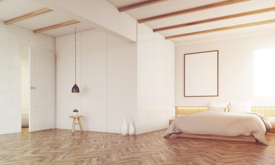 Bedroom with ceiling beams, toned