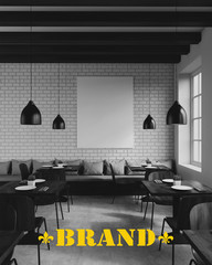 Restaurant interior with vertical poster and beams