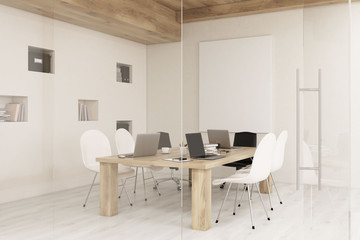 Side view of conference room with glass walls and doors