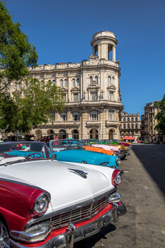 Cuban colorful vintage cars in front of National Museum of Fine Arts - Havana, Cuba