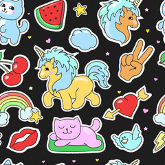 Patch badges stickers, pins hand drawn collection in cartoon comic style seamless pattern. hearts, cats, stars elements for girls