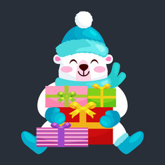 Cute Christmas bears during the winter holidays and the New Year's Eve sitting rejoice gifts. Teddy in winter clothes warm mittens, scarves and boots hat happy and joy vector illustration