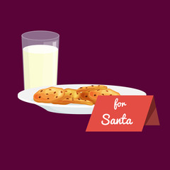 Christmas white milk in a glass with chocolate cookies on a plate and sign for Santa Claus, treats icon in the New Year's Eve vector illustration