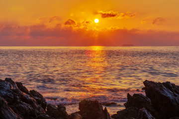 Morning Coast Sunrise on Island Sicily in Italy, Europe with sunr