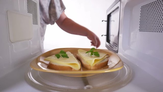 Placing toasts with cheese in the microwave oven inside view