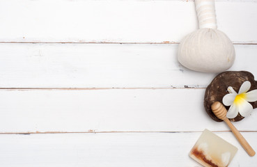 Spa set ,candle ,soap,coconut, massage with white background (top view)