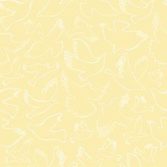 Seamless pattern with white lineal birds on creamy background. Vector hand drawn birds.