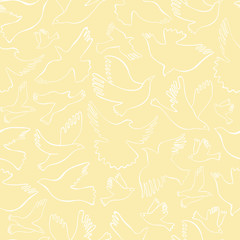 Seamless pattern with white lineal birds on creamy background. Vector hand drawn birds.