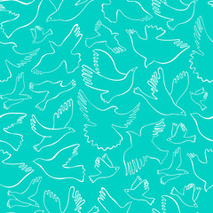 Seamless pattern with white lineal birds on turquoise background. Vector hand drawn birds.