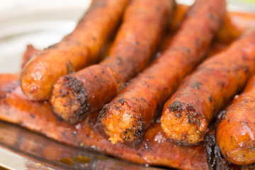Served fried homemade red sausages