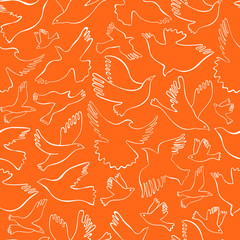 Seamless pattern with white lineal birds on orange background. Vector hand drawn birds.