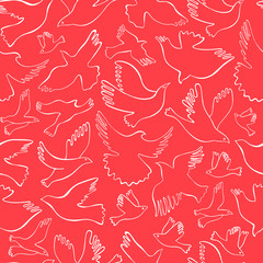 Seamless pattern with white lineal birds on red background. Vector hand drawn birds.