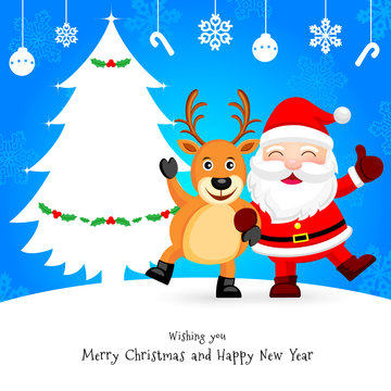 Santa Claus and Christmas Deer with white Christmas tree decoration. Illustration